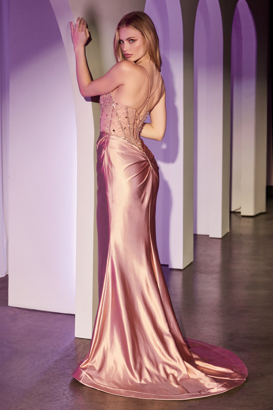 CINDERELLA DIVINE CC8884 Fitted Rose Gold Satin Dress With Beaded Bodice CINDERELLA DIVINE CC8884 Fitted Rose Gold Satin Dress With Beaded Bodice