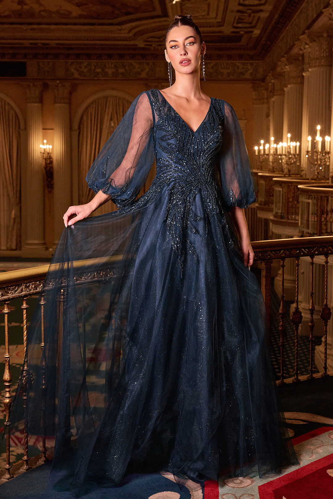 Cinderella Divine CD0101 A-Line Evening Gown with V-Neckline