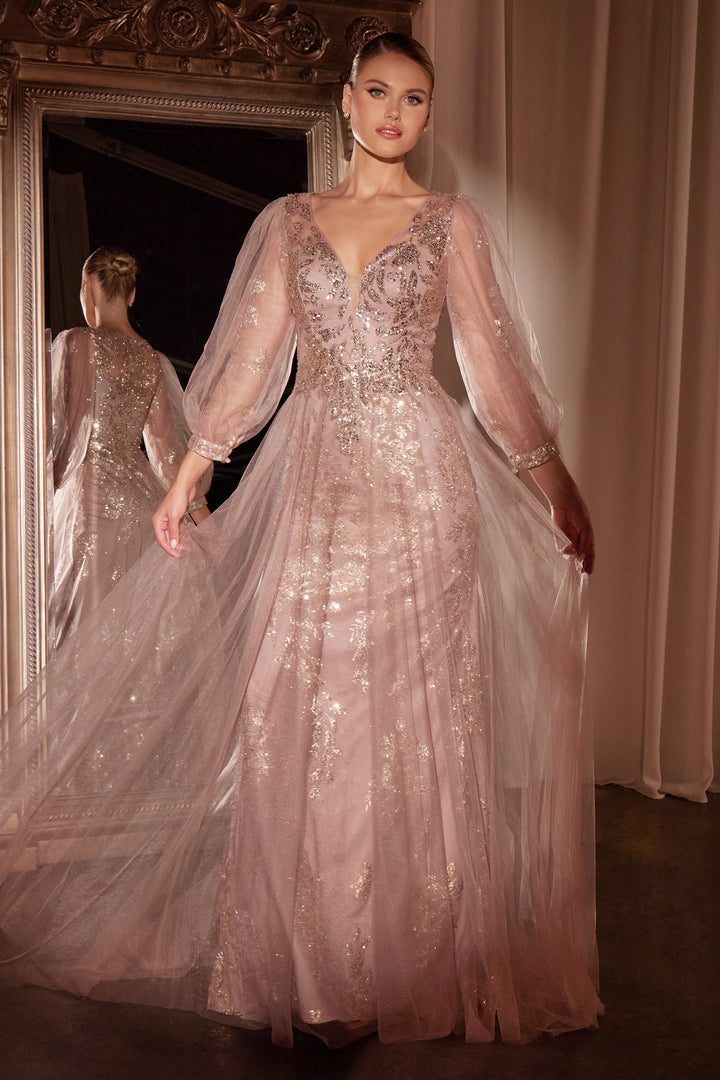CINDERELLA DIVINE CD0102 Long Sleeve Layered Tulle A-Line Gown CINDERELLA DIVINE CD0102 Long Sleeve Layered Tulle A-Line Gown