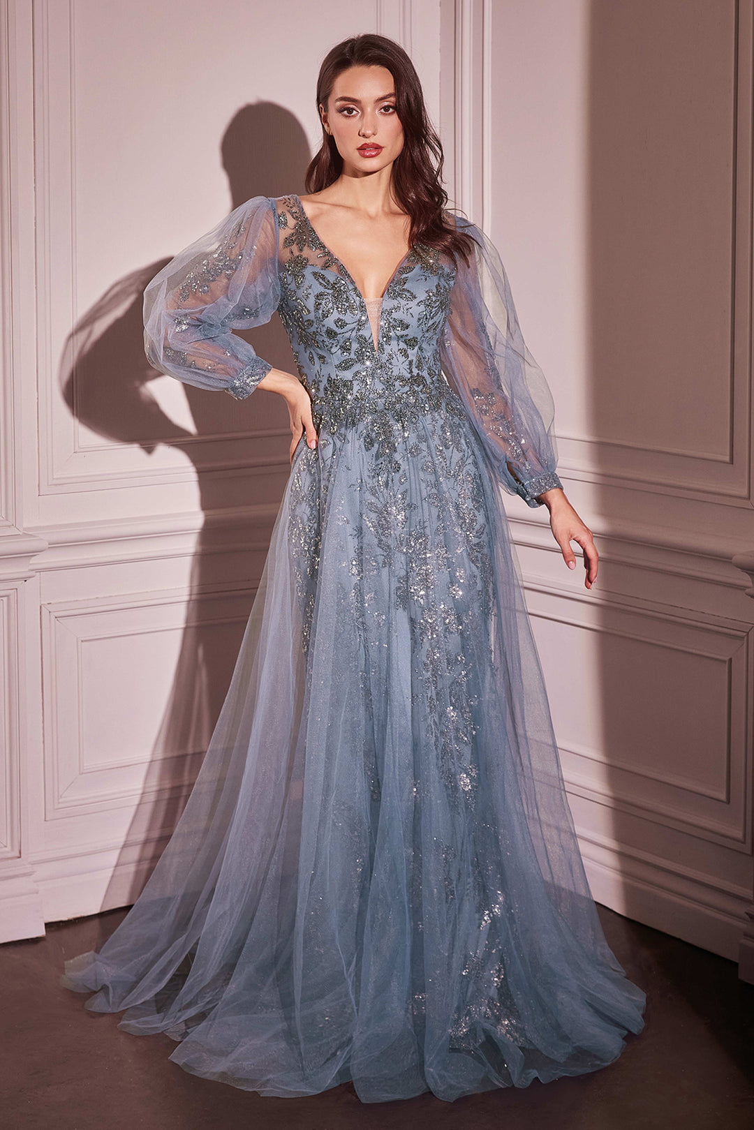 CINDERELLA DIVINE CD0102 Long Sleeve Layered Tulle A-Line Gown The Gown Galleria CINDERELLA DIVINE CD0102 Long Sleeve Layered Tulle A-Line Gown The Gown Galleria