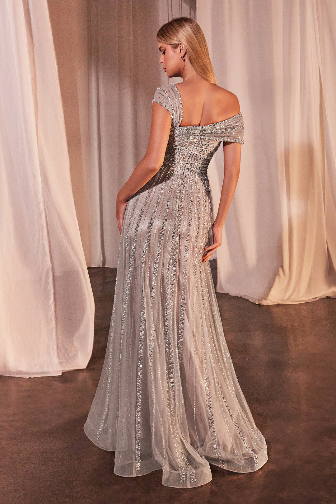 CINDERELLA DIVINE CD0238 Asymmetrical Off The Shoulder A-Line Beaded Gown CINDERELLA DIVINE CD0238 Asymmetrical Off The Shoulder A-Line Beaded Gown
