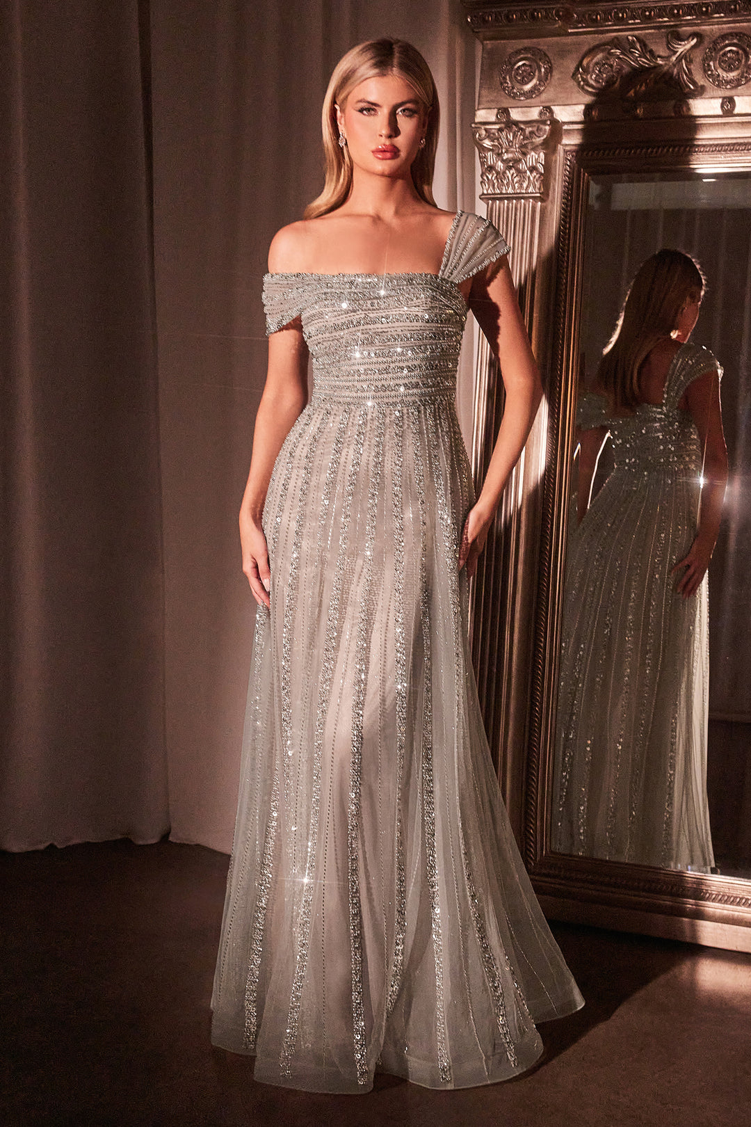 CINDERELLA DIVINE CD0238 Asymmetrical Off The Shoulder A-Line Beaded G The Gown Galleria CINDERELLA DIVINE CD0238 Asymmetrical Off The Shoulder A-Line Beaded G The Gown Galleria