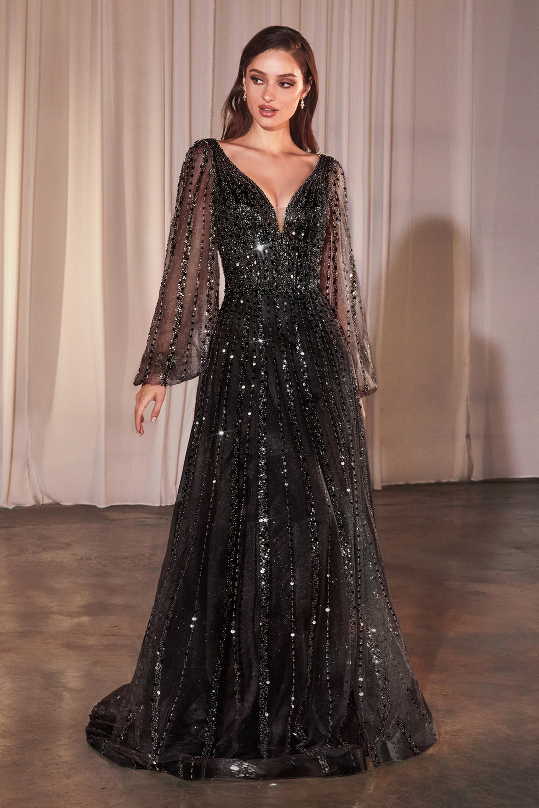 CINDERELLA DIVINE CD0240 Long Sleeve A-Line Beaded Dress CINDERELLA DIVINE CD0240 Long Sleeve A-Line Beaded Dress