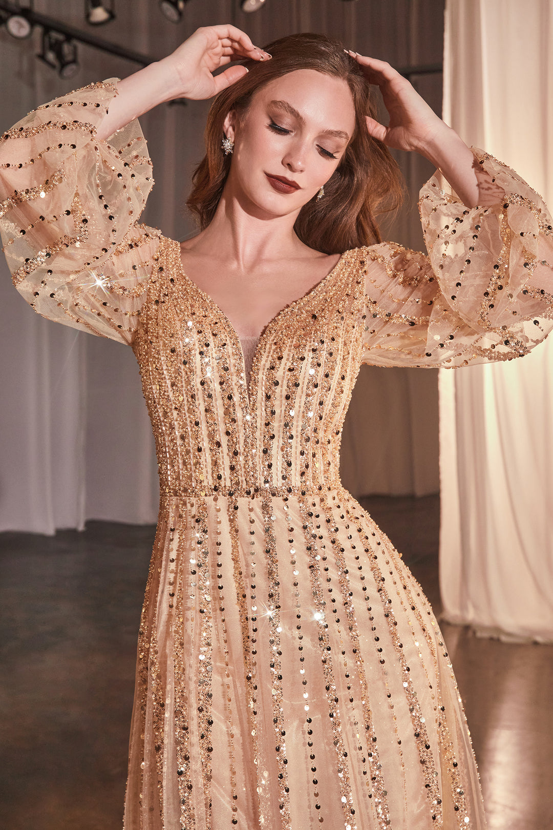 CINDERELLA DIVINE CD0240 Long Sleeve A-Line Beaded Dress The Gown Galleria CINDERELLA DIVINE CD0240 Long Sleeve A-Line Beaded Dress The Gown Galleria