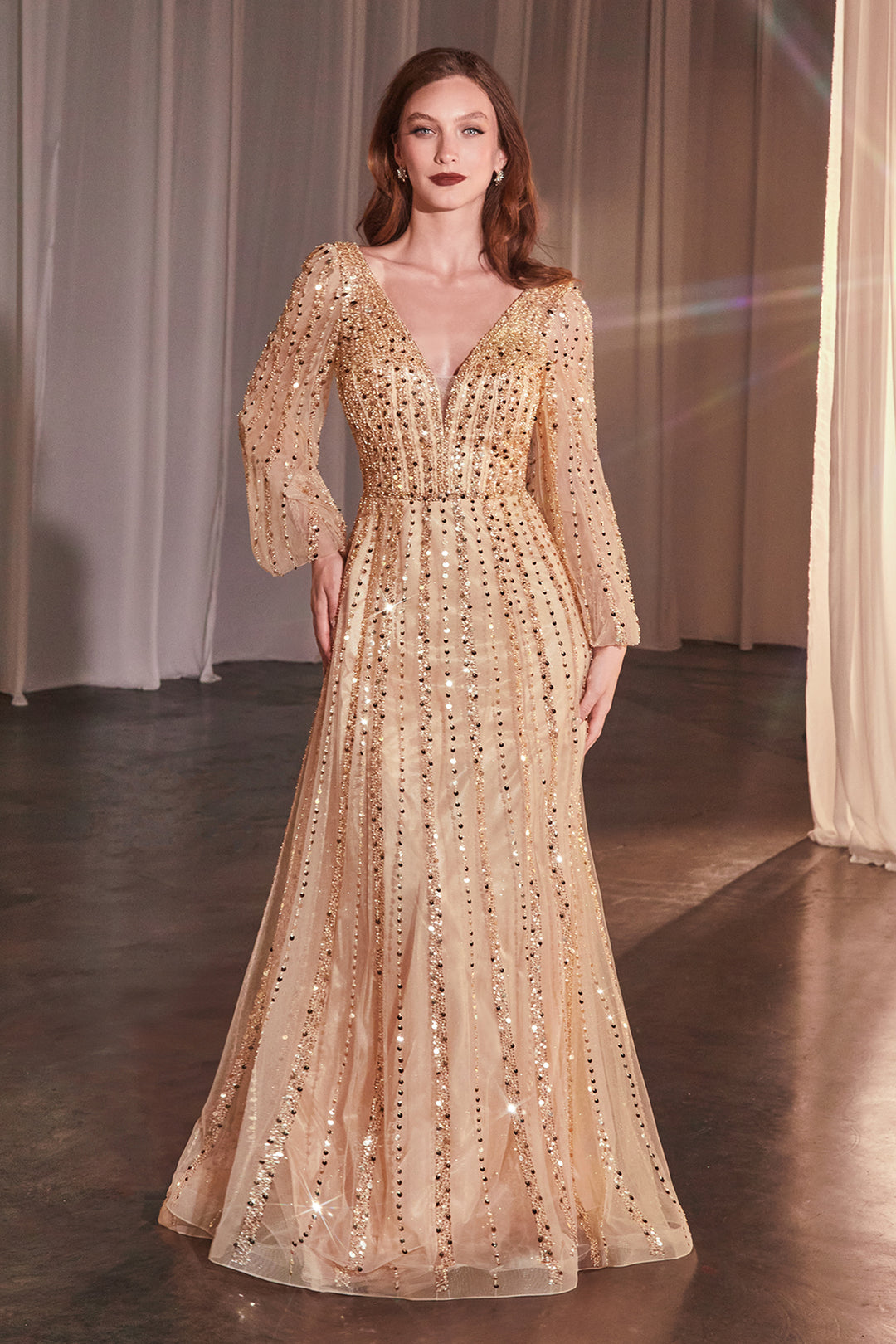 CINDERELLA DIVINE CD0240 Long Sleeve A-Line Beaded Dress The Gown Galleria CINDERELLA DIVINE CD0240 Long Sleeve A-Line Beaded Dress The Gown Galleria