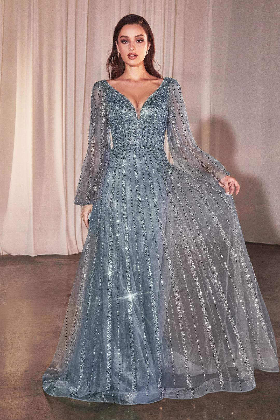 CINDERELLA DIVINE CD0240 Long Sleeve A-Line Beaded Dress The Gown Galleria CINDERELLA DIVINE CD0240 Long Sleeve A-Line Beaded Dress The Gown Galleria