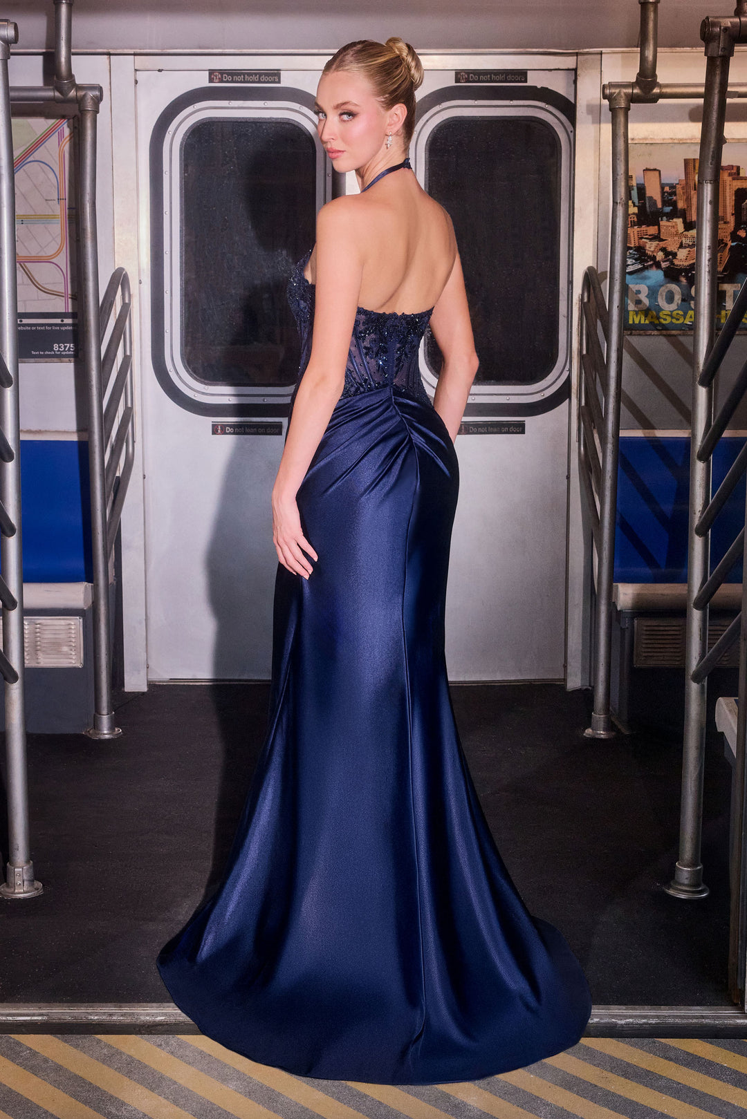 Cinderella Divine CD690 Fitted Halter Prom Dress with Slit