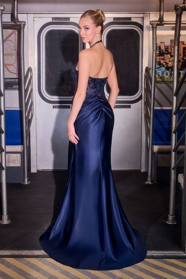Cinderella Divine CD690 Fitted Halter Prom Dress with Slit