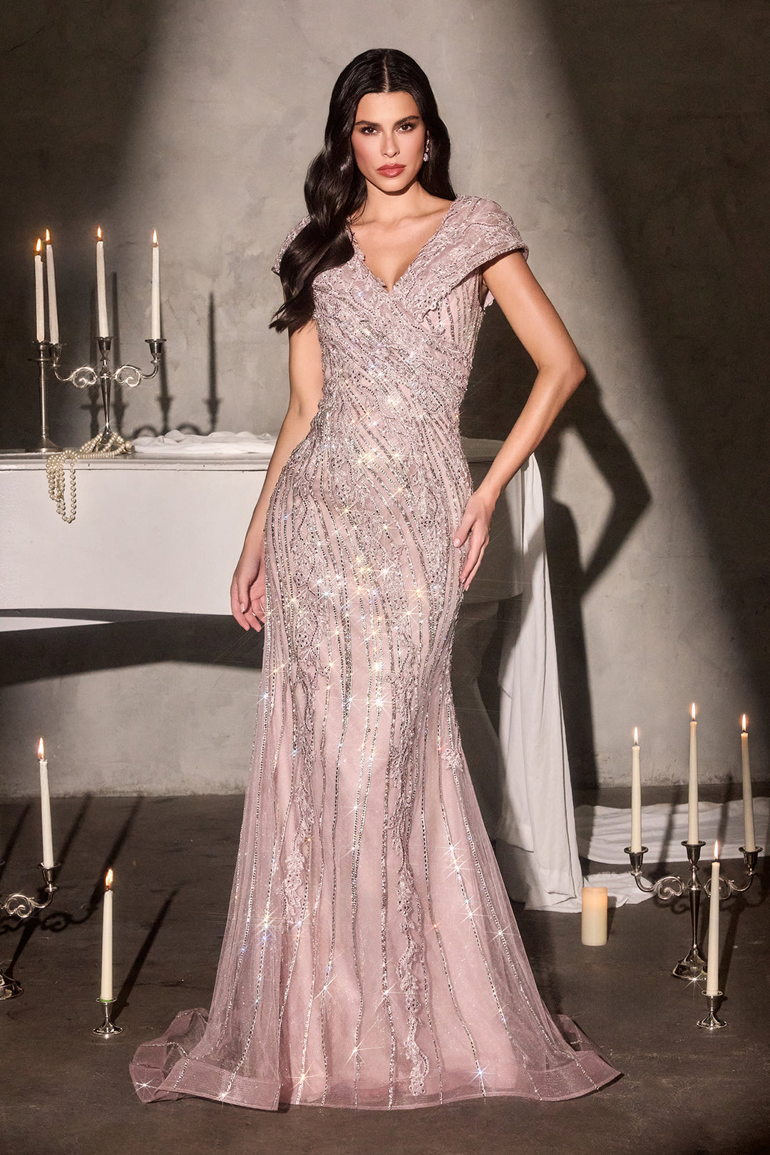 Cinderella Divine CD698 Evening Gown with V-Neckline