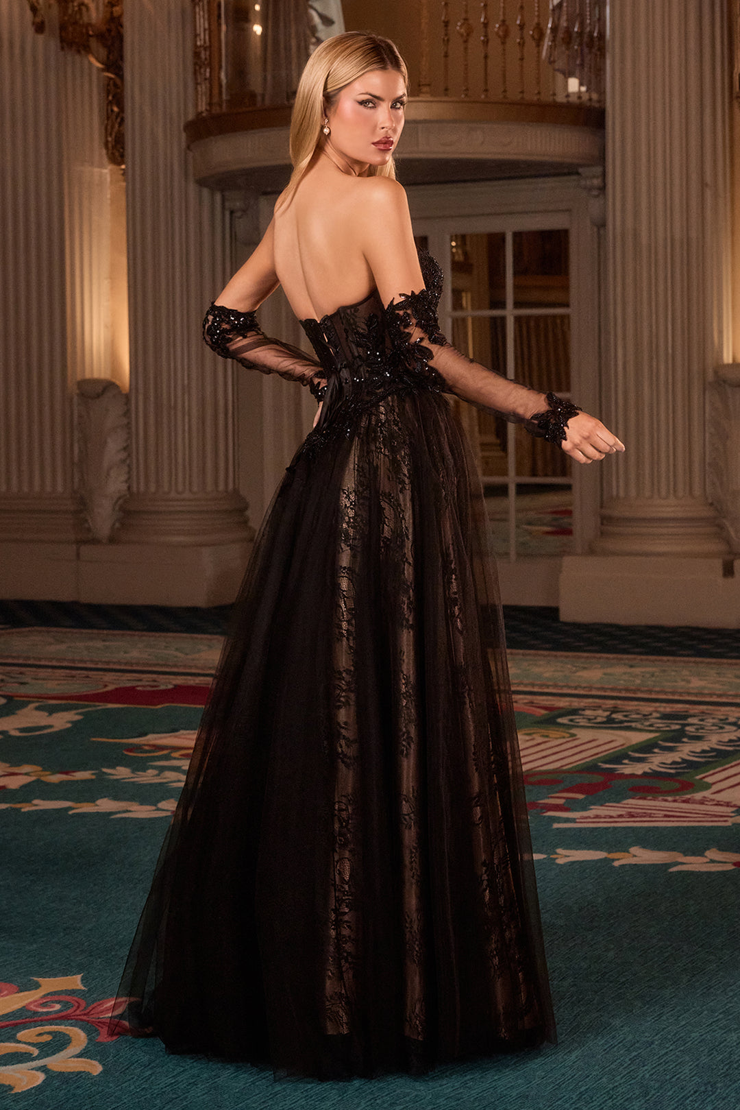 Cinderella Divine CD717 A-Line Evening Gown with Lace Appliqué
