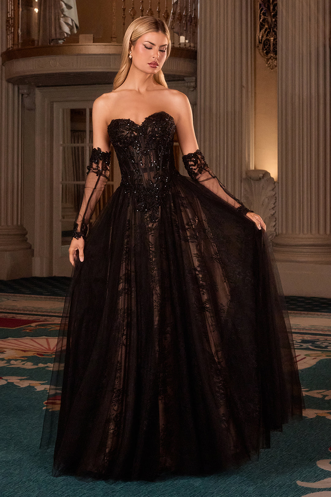 Cinderella Divine CD717 A-Line Evening Gown with Lace Appliqué