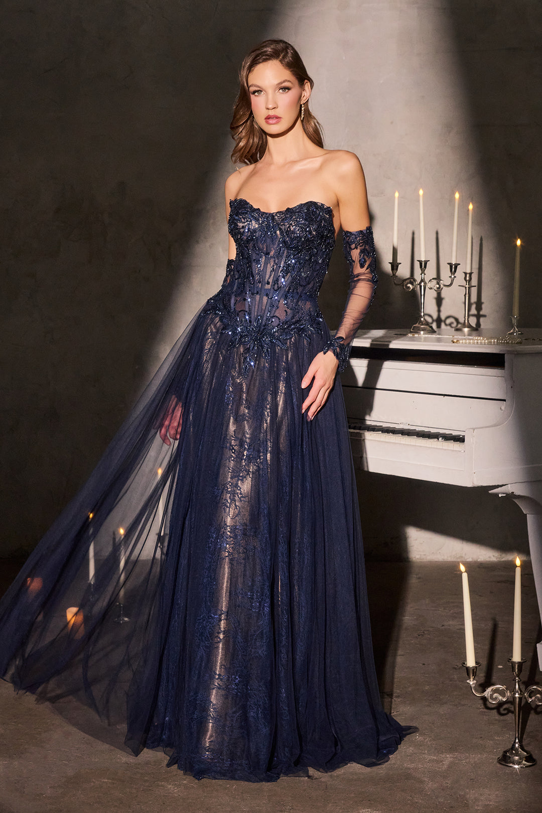 Cinderella Divine CD717 A-Line Evening Gown with Lace Appliqué