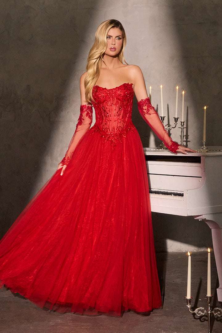 Cinderella Divine CD717 A-Line Evening Gown with Lace Appliqué