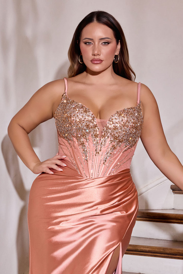 Cinderella Divine CD729C Fitted Prom Dress with Deep V-Neckline