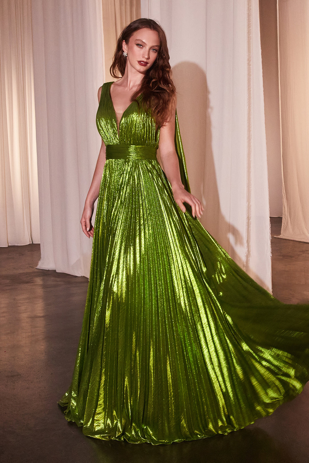 CINDERELLA DIVINE CD802 Metallic Pleated A-Line Gown The Gown Galleria CINDERELLA DIVINE CD802 Metallic Pleated A-Line Gown The Gown Galleria