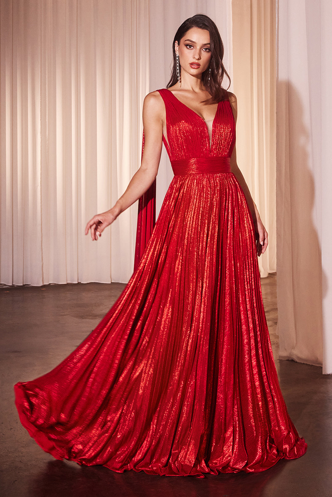 CINDERELLA DIVINE CD802 Metallic Pleated A-Line Gown CINDERELLA DIVINE CD802 Metallic Pleated A-Line Gown