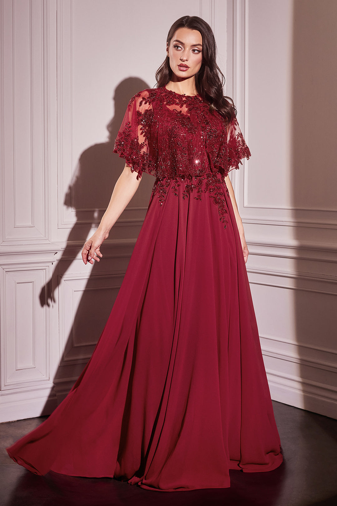 CINDERELLA DIVINE CDS503 Chiffon A-Line Beaded Lace Bodice Dress With Removable Cape CINDERELLA DIVINE CDS503 Chiffon A-Line Beaded Lace Bodice Dress With Removable Cape