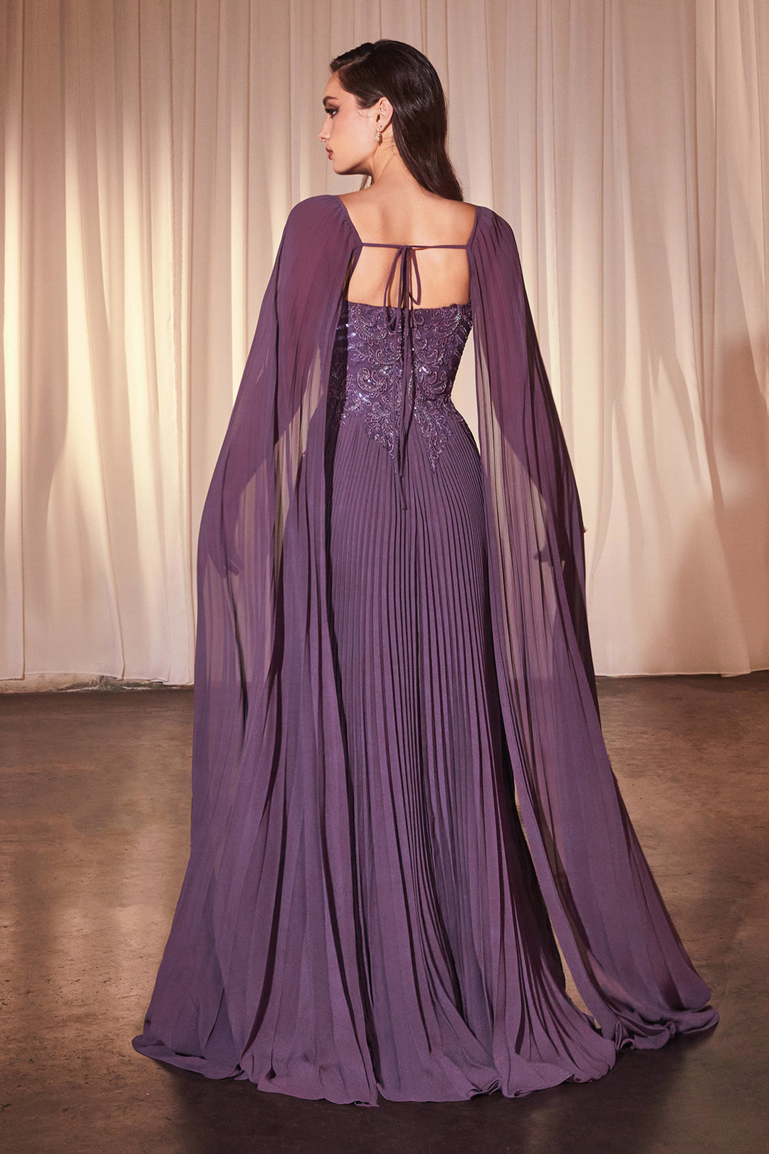 CINDERELLA DIVINE CJ937 Pleated A-Line Gown With Cape Sleeves The Gown Galleria CINDERELLA DIVINE CJ937 Pleated A-Line Gown With Cape Sleeves The Gown Galleria