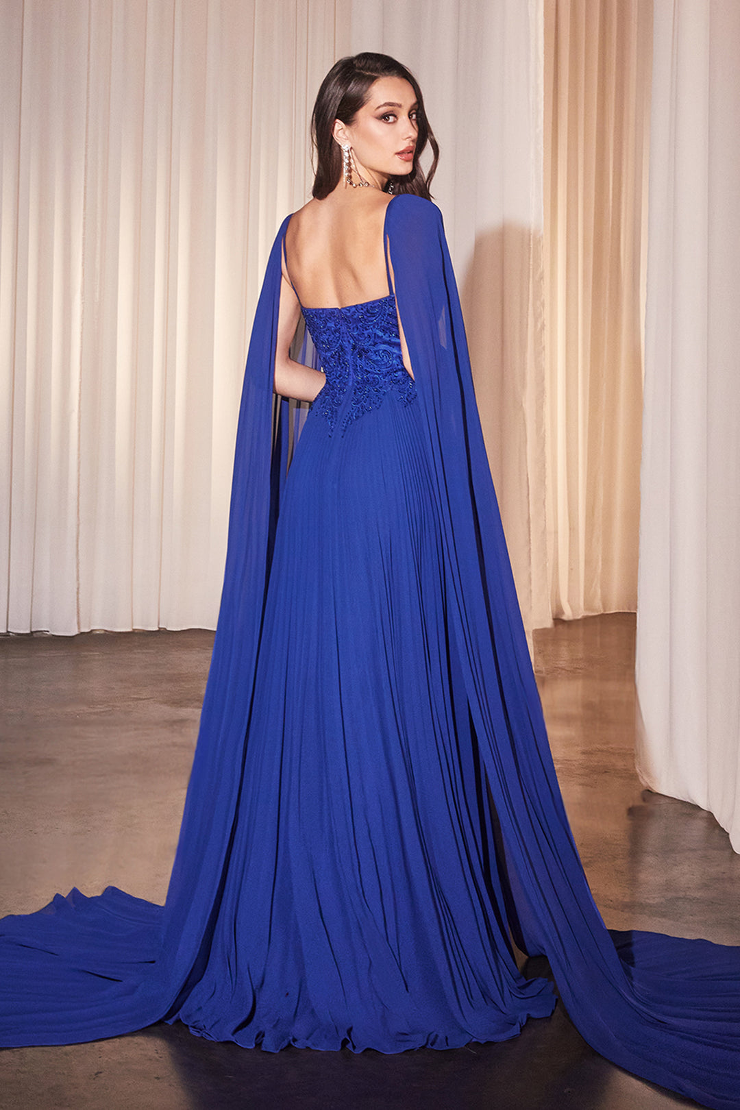 CINDERELLA DIVINE CJ937 Pleated A-Line Gown With Cape Sleeves The Gown Galleria CINDERELLA DIVINE CJ937 Pleated A-Line Gown With Cape Sleeves The Gown Galleria
