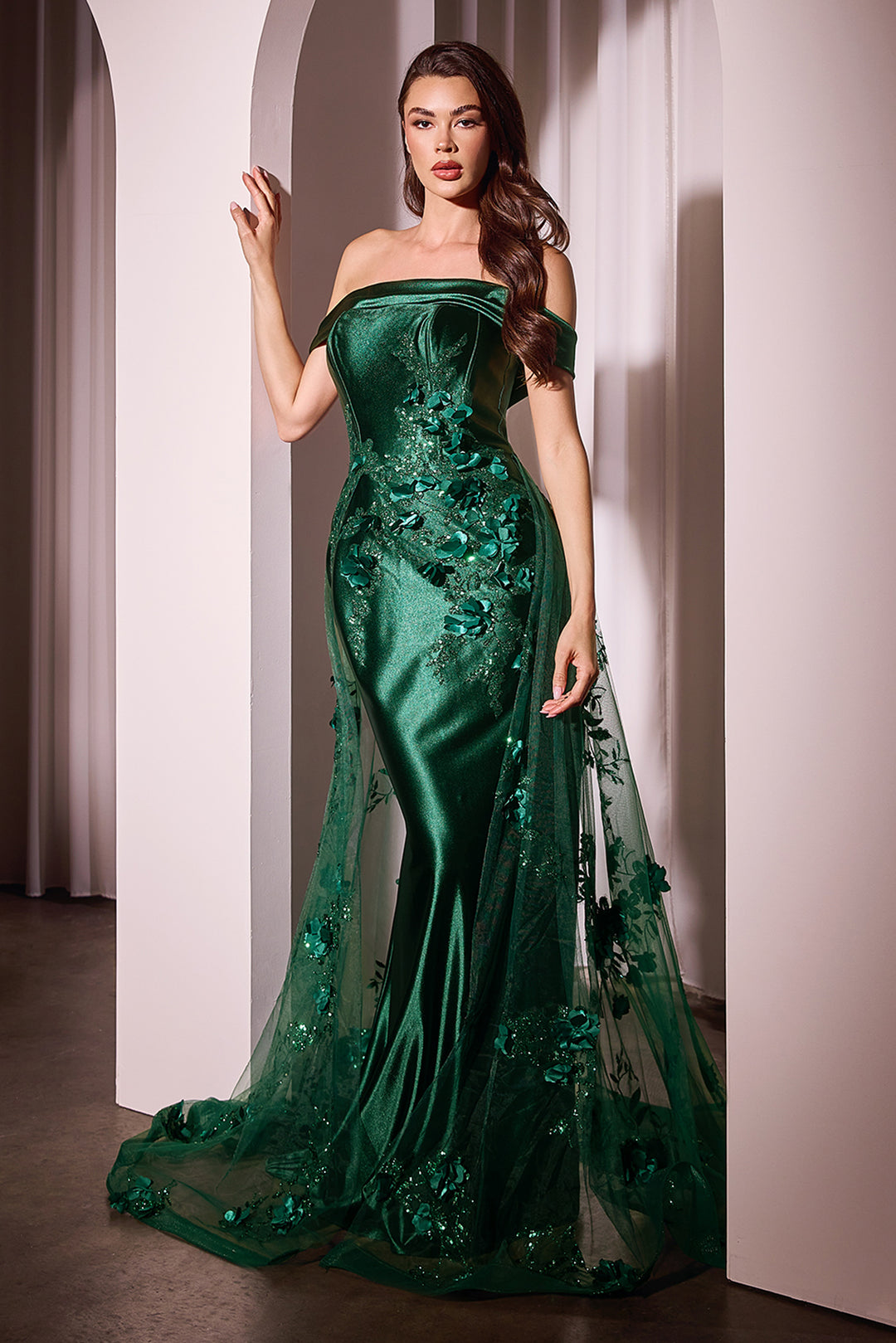 CINDERELLA DIVINE J876 Embellished Satin Fitted Gown With Tulle Oversk The Gown Galleria CINDERELLA DIVINE J876 Embellished Satin Fitted Gown With Tulle Oversk The Gown Galleria