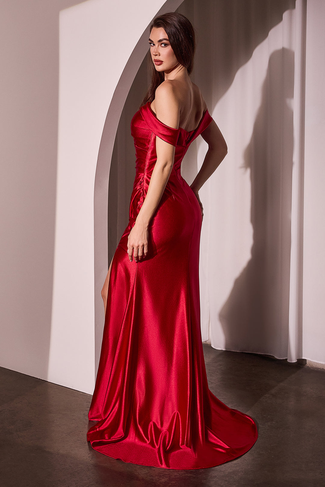 CINDERELLA DIVINE J877 Glistening Satin Off The Shoulder Gown