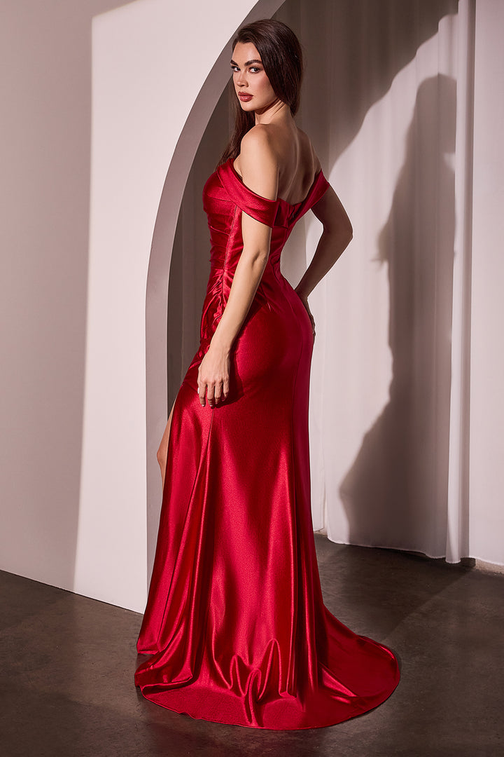 CINDERELLA DIVINE J877 Glistening Satin Off The Shoulder Gown