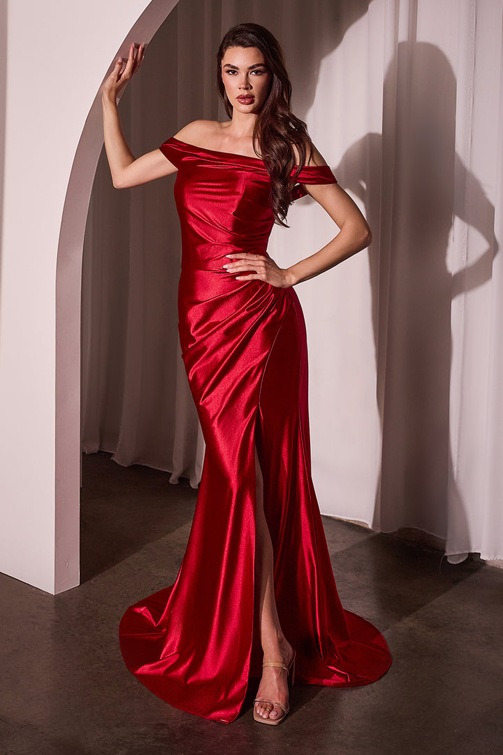 CINDERELLA DIVINE J877 Glistening Satin Off The Shoulder Gown