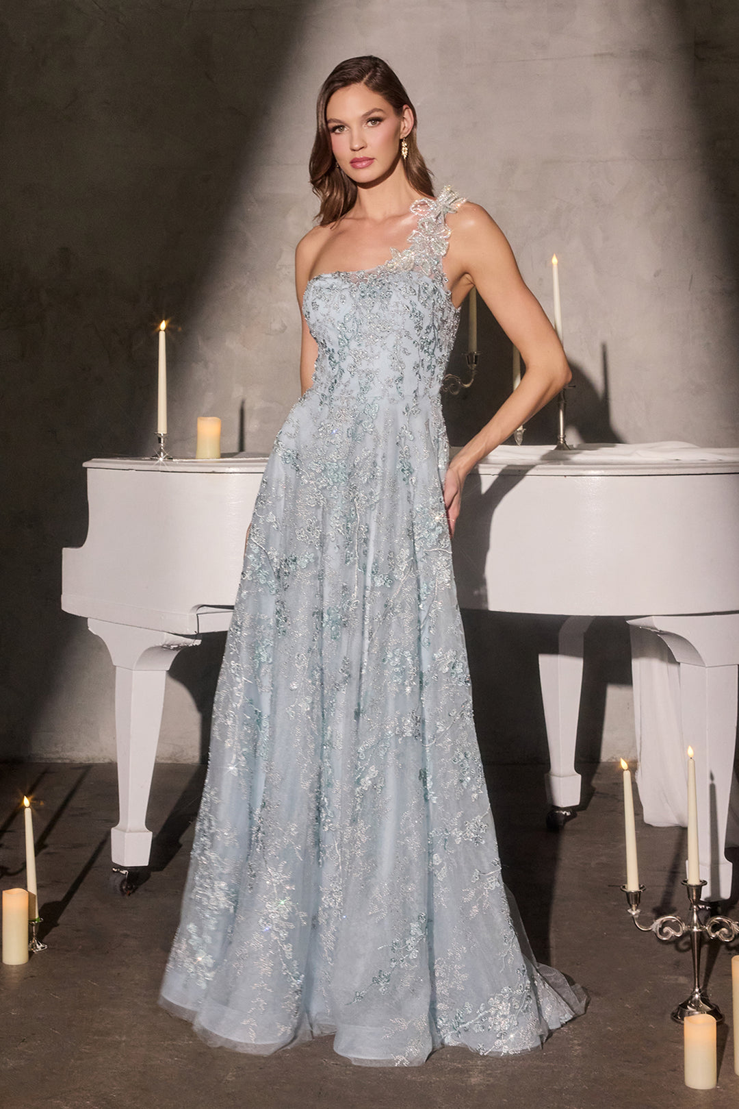 Cinderella Divine J909 A-Line Evening Gown with One-Shoulder Neckline