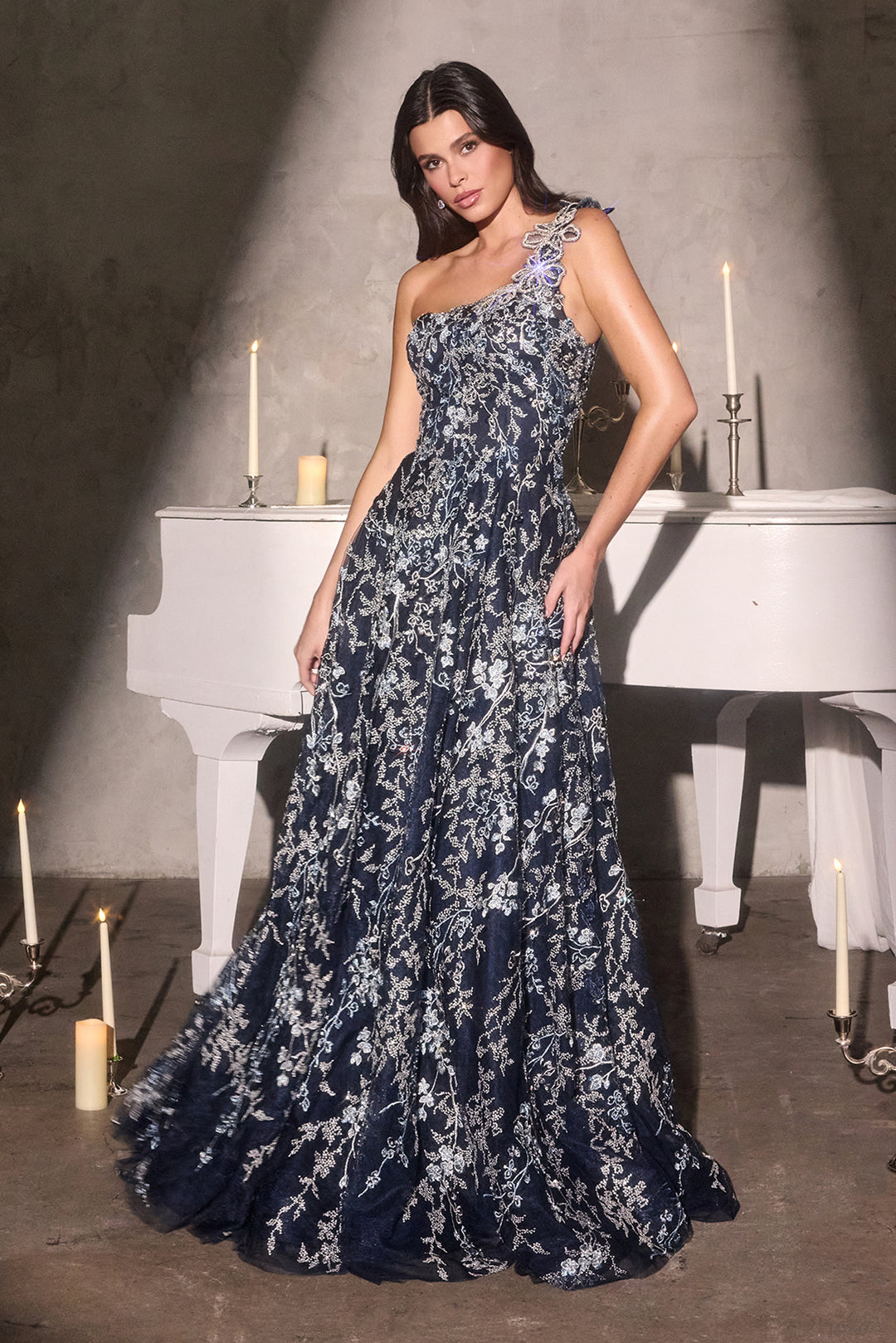 Cinderella Divine J909 A-Line Evening Gown with One-Shoulder Neckline