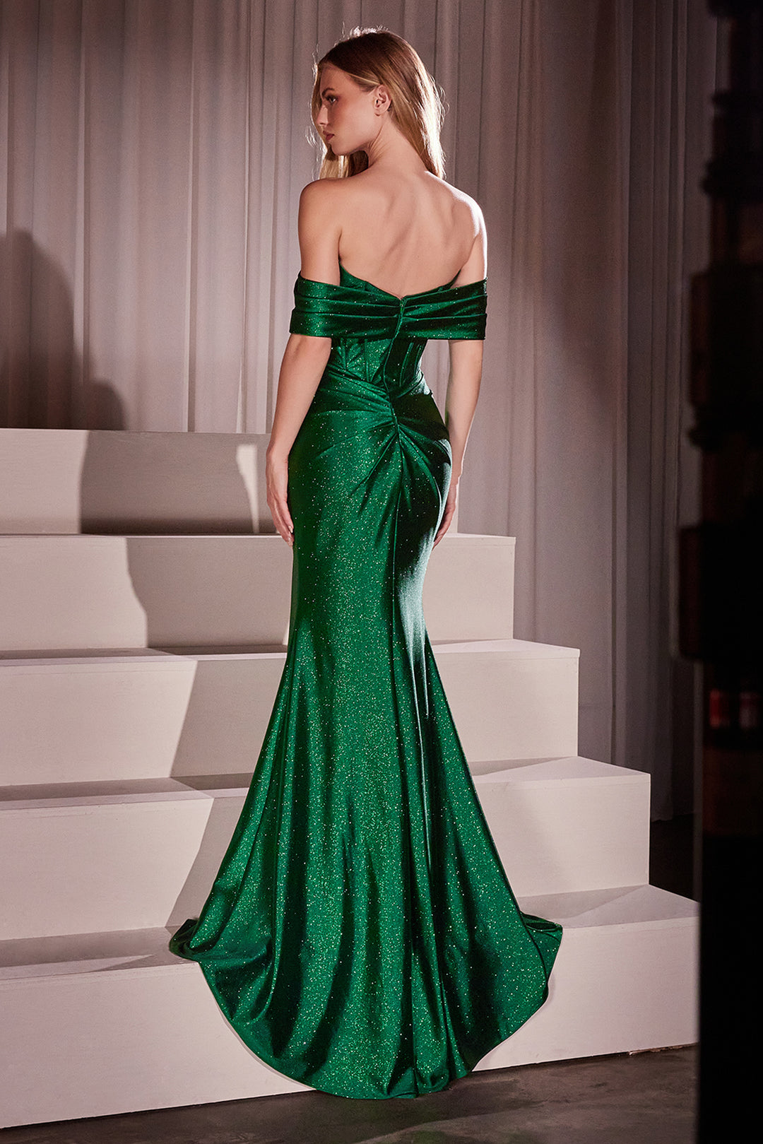 CINDERELLA DIVINE KV1115 Off The Shoulder Glitter Dusted Fitted Dress – The  Gown Galleria