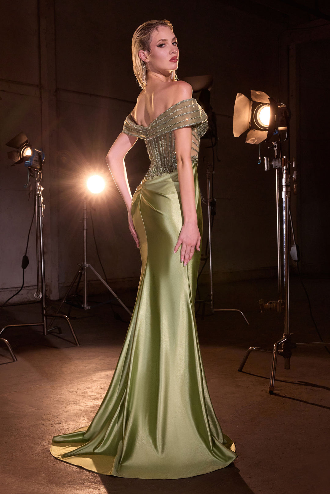 Cinderella Divine KV1140 Fitted Evening Gown with Off-the-Shoulder Nec
