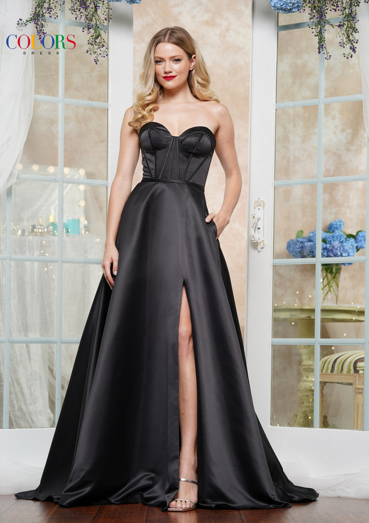 Colors Dress 3434 Sweetheart Satin Prom Dress With High Slit