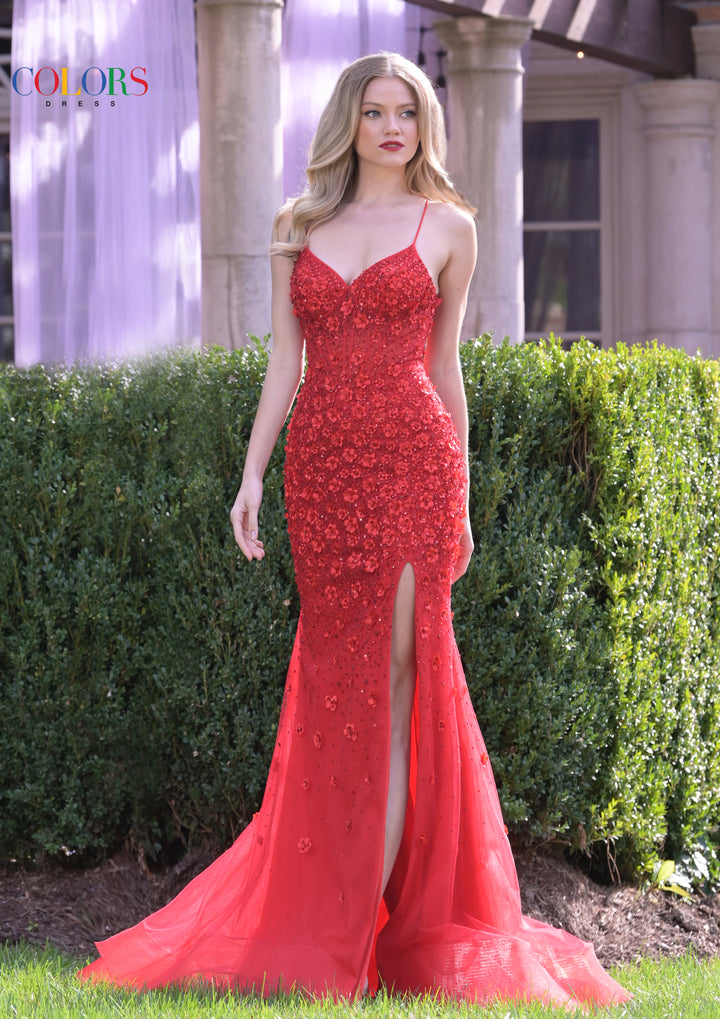 Colors Dress 3453 Floral Mesh Prom Dress With Mermaid Skirt