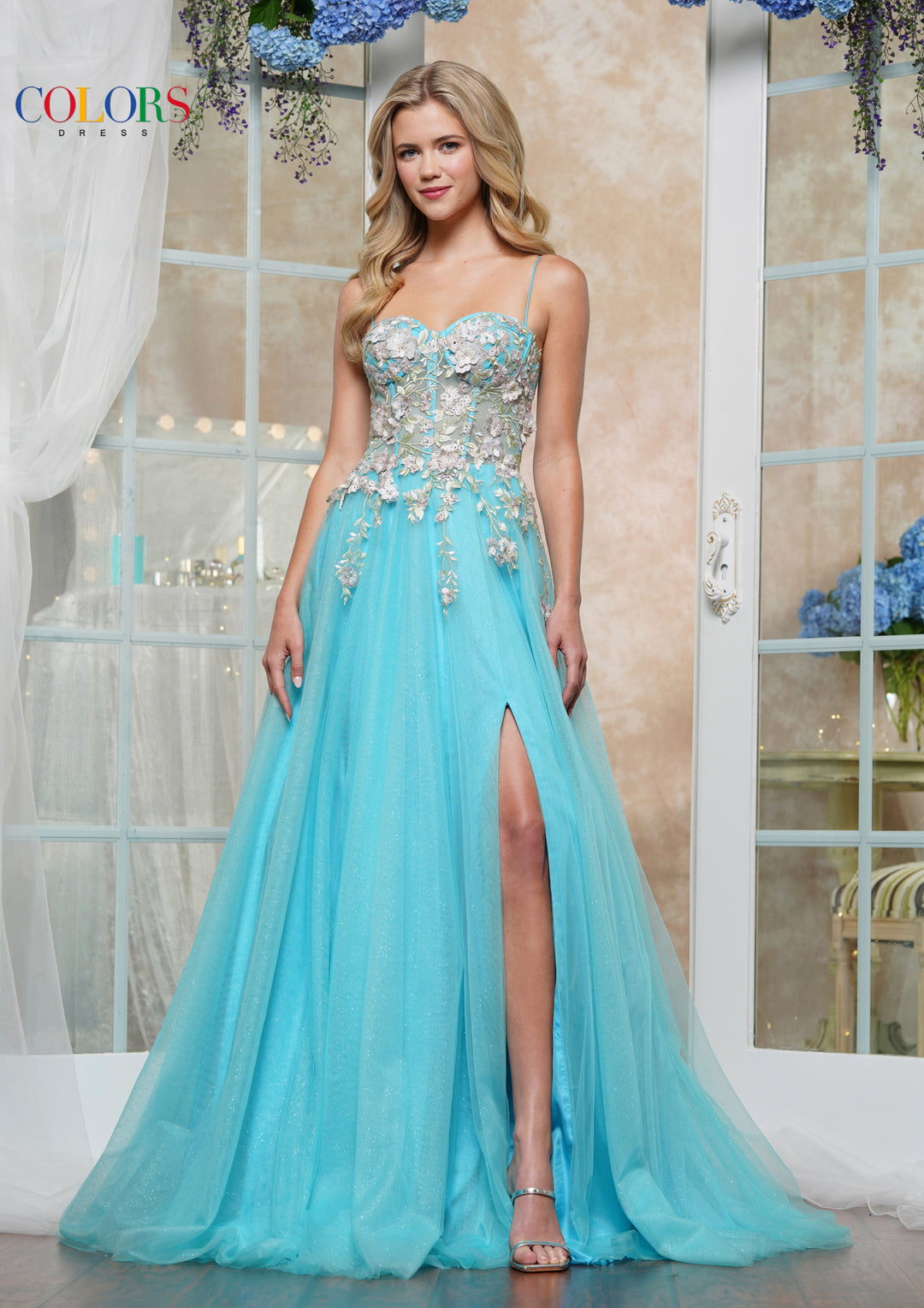 Colors Dress 3496 Floral Appliqued Sweetheart Prom Dress