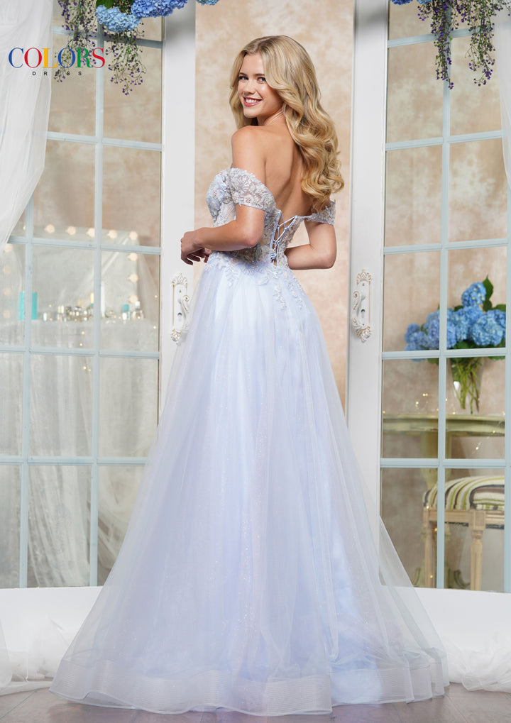 Colors Dress 3498 Off-Shoulder Glitter Tulle Prom Gown