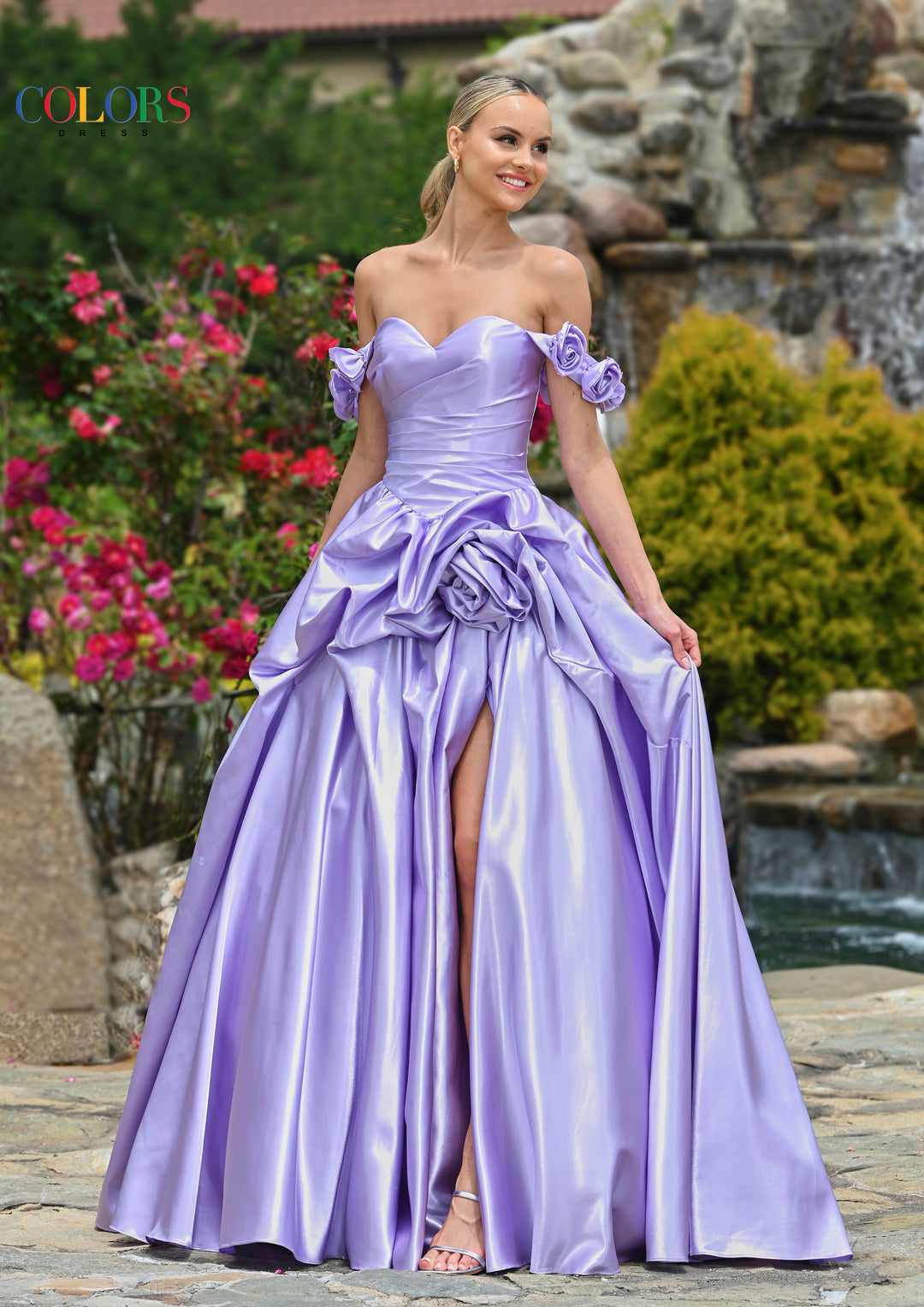 Colors Dress 3521 Off Shoulder Prom Dress With Ruched Skirt