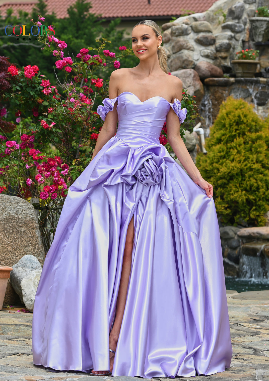 Colors Dress 3521 Off Shoulder Prom Dress With Ruched Skirt