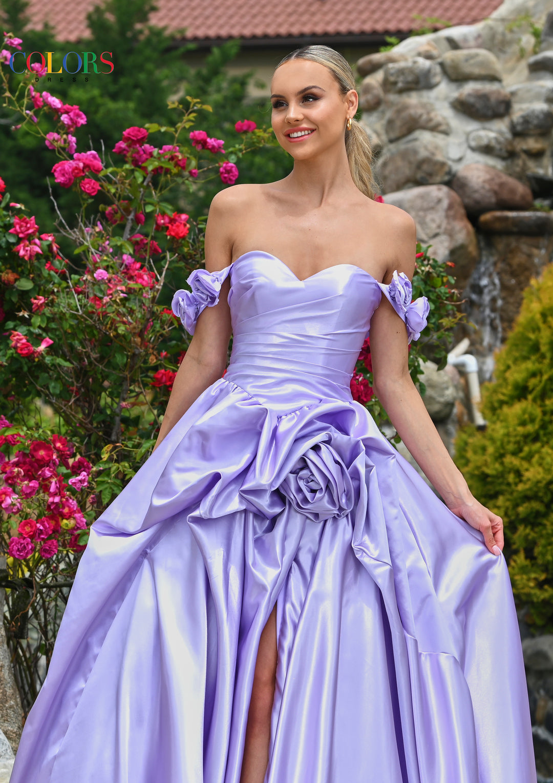 Colors Dress 3521 Off Shoulder Prom Dress With Ruched Skirt