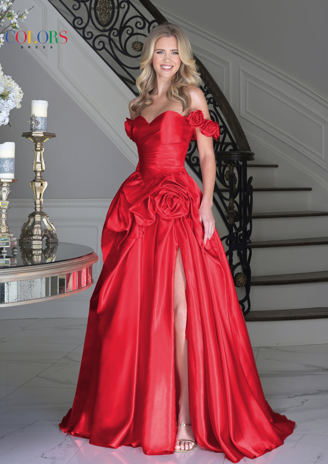 Colors Dress 3521 Off Shoulder Prom Dress With Ruched Skirt