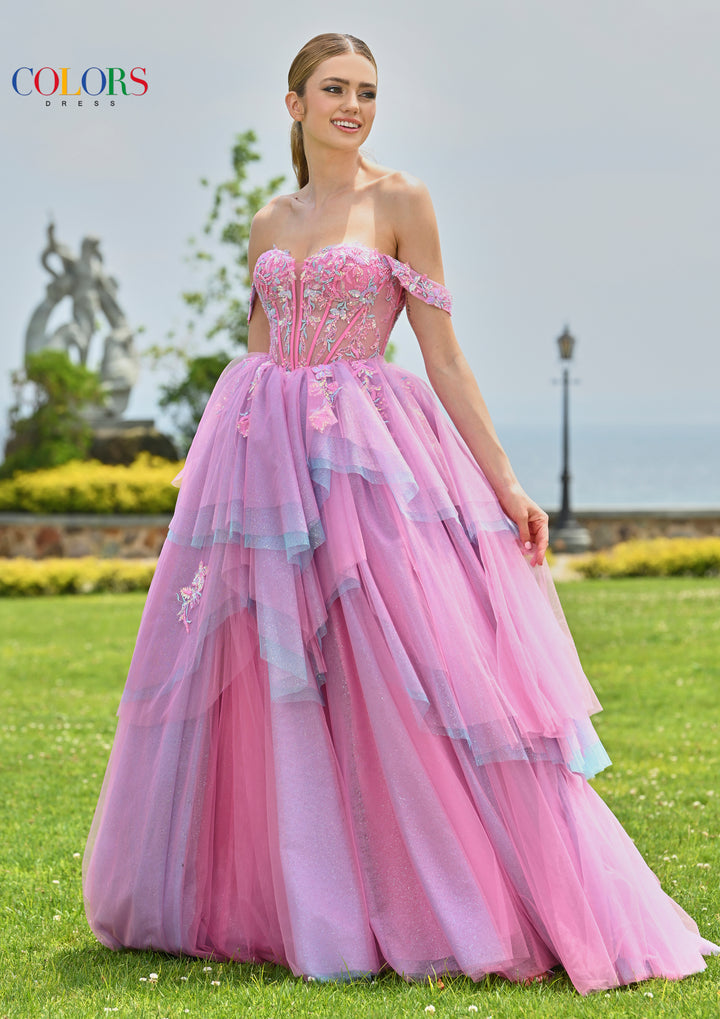 Colors Dress 3534 Off-Shoulder Long Prom Gown In Hot Pink