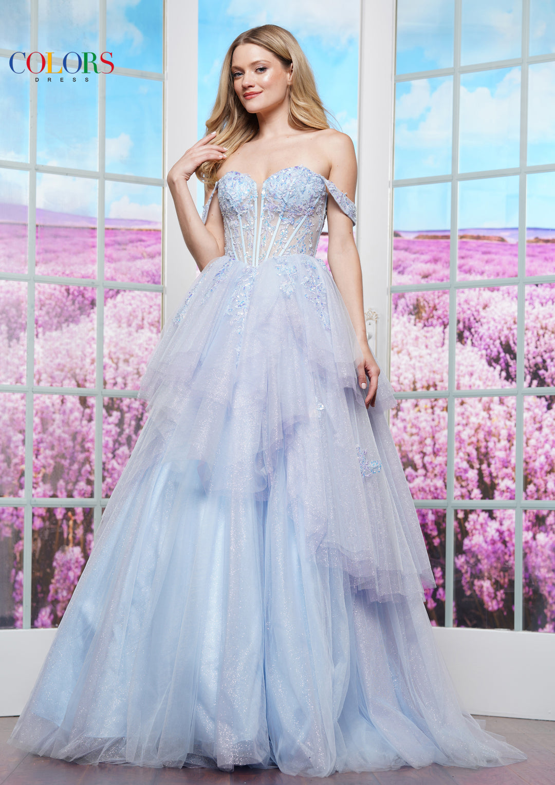 Colors Dress 3534 Off-Shoulder Long Prom Gown In Hot Pink Light Blue / 8