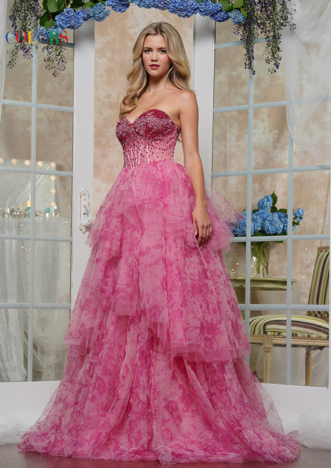 Colors Dress 3572 Beaded Sweetheart Floral Print Ballgown
