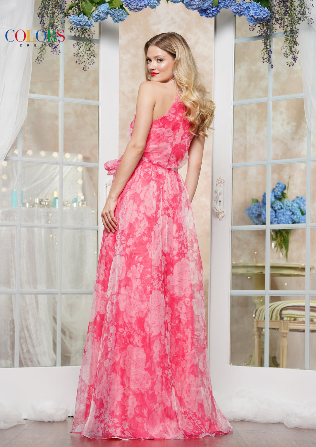 COLORS 3573 Long Floral Print Prom Dress With Tie Waist