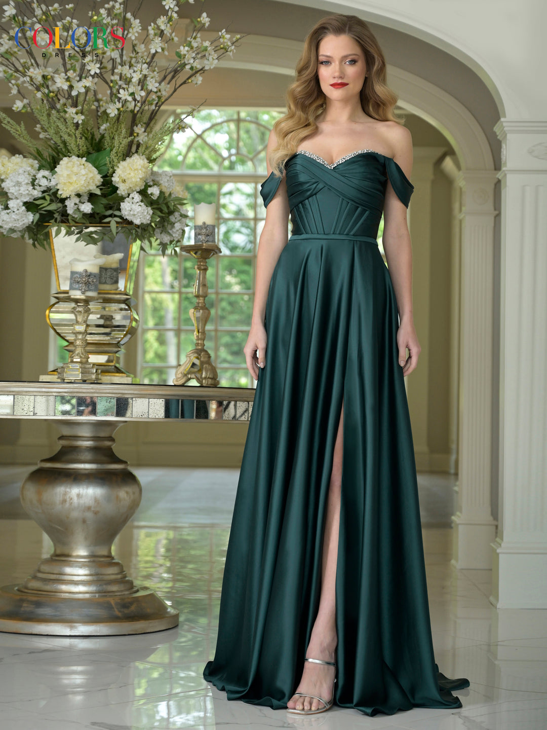 Colors Dress 3606 Long Sweetheart Prom Dress With Beaded Neckline Deep Green / 8