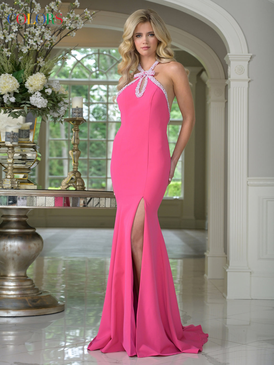 COLORS 3718 Long Fitted Halter Prom Dress With Slit