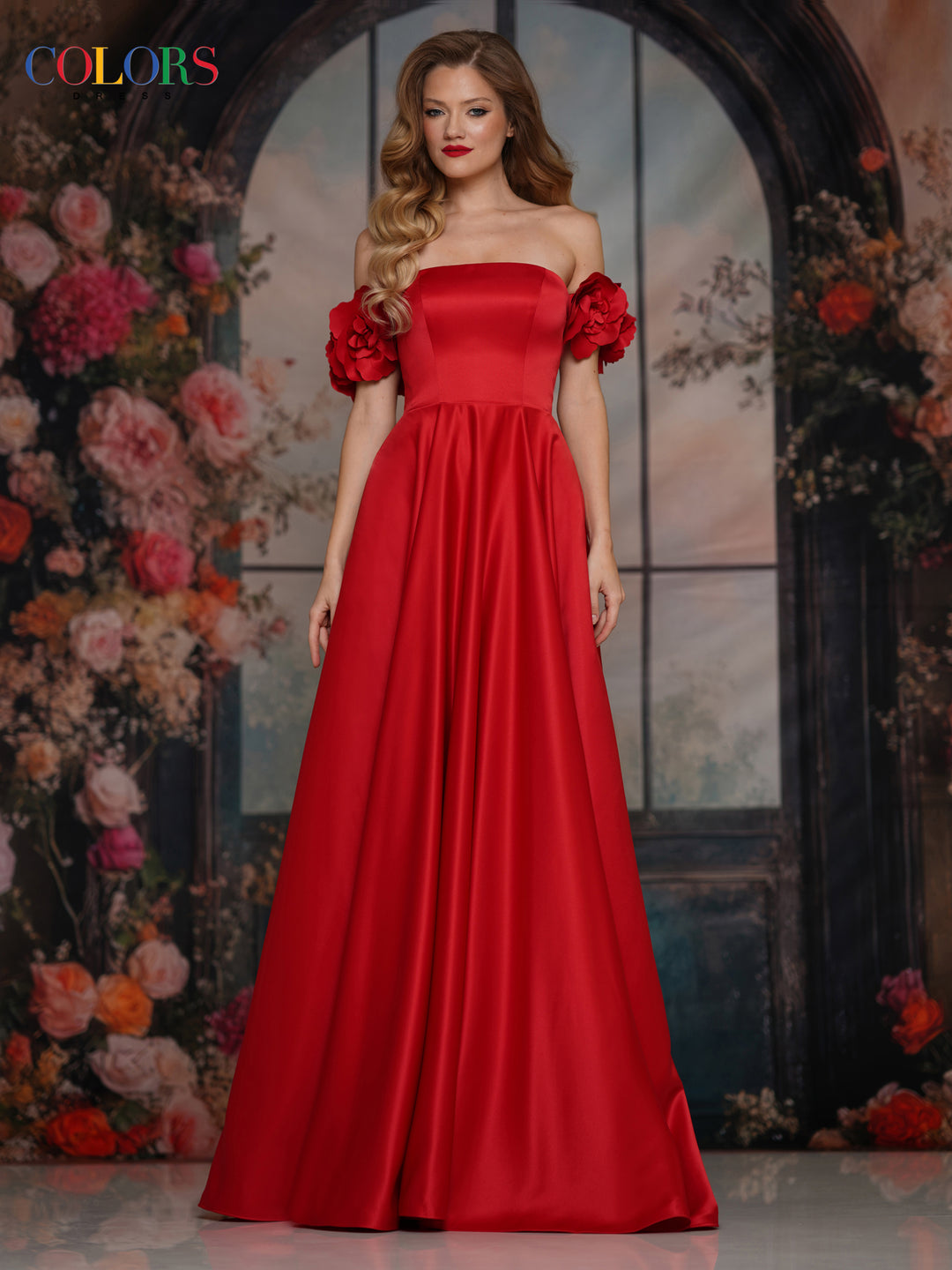 COLORS 3744 Off-The-Shoulder Satin Prom Dress In Red