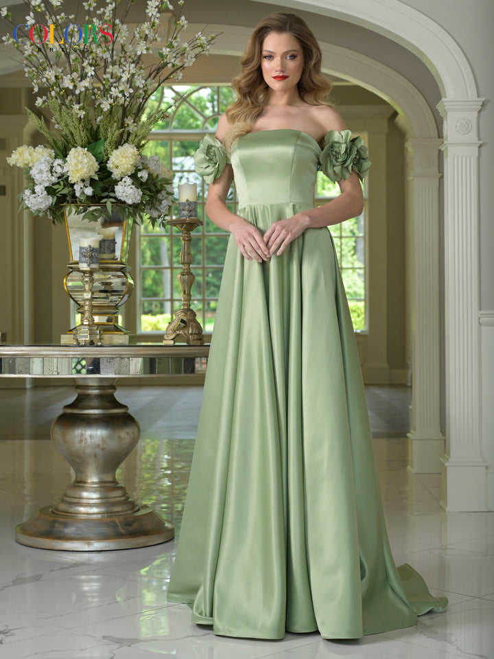 COLORS 3744 Off-The-Shoulder Satin Prom Dress In Red