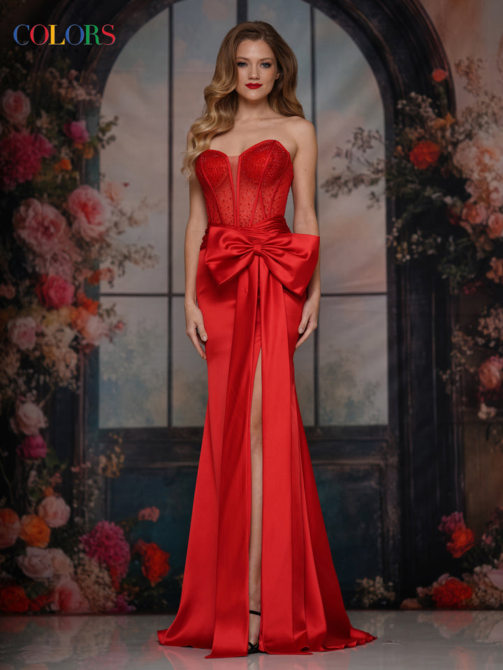 COLORS 3769 Antique Gold Strapless Prom Dress With Bow