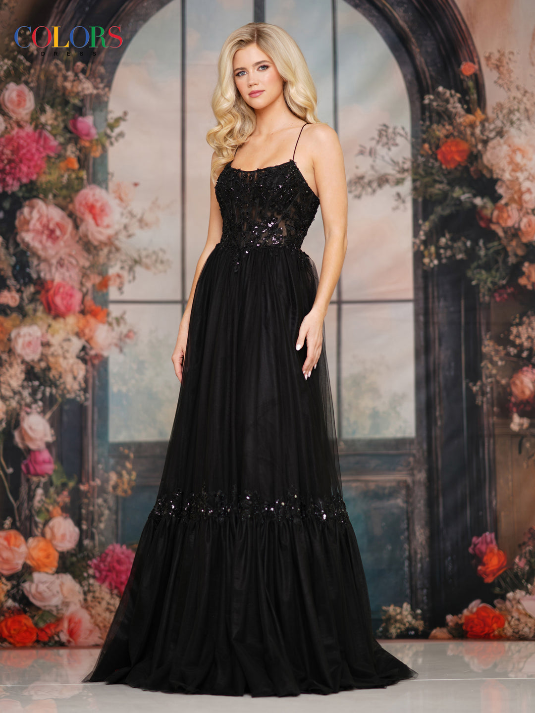 COLORS 3799 Long Prom Dress With Crisscross Spaghetti Straps