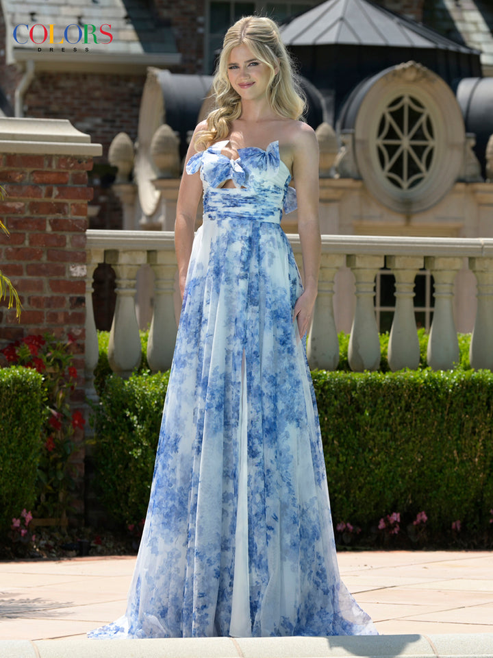 COLORS 3811 Green Long Prom Dress With 3D Bow Appliques